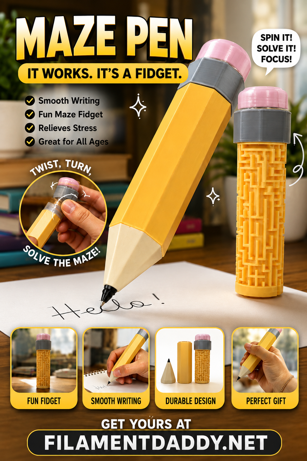 Maze Pencil Pen | Oversized Pencil Pen with Built-In Maze | Fidget Desk Toy | Teacher Gift | Student Reward | Classroom Prize | 3D Printed