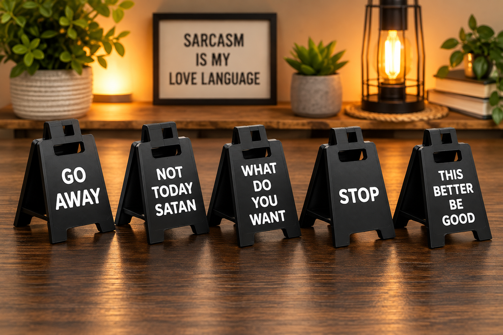 Mini Attitude Stand™ – Funny Desk Sign | 3D Printed Desktop Mood Sign | Office, Work From Home & Gift Idea